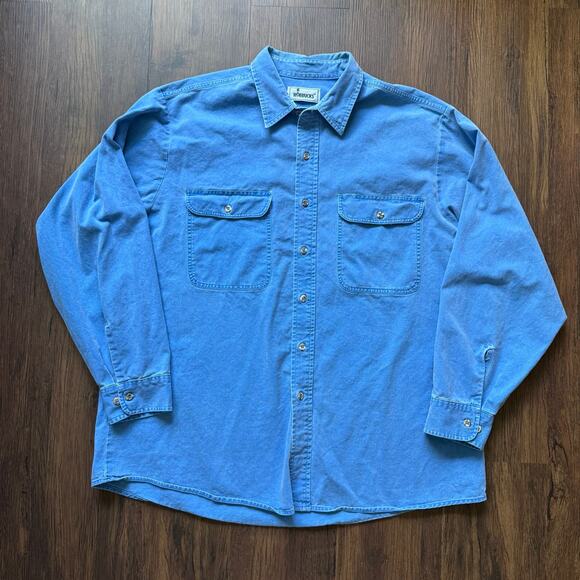 Vintage Roebucks Denim Shirt – Blue Long Sleeve Button Down Workwear Western 90s - Picture 1 of 3
